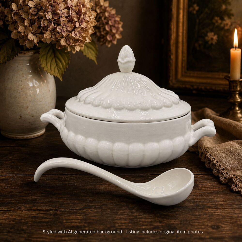 Vintage White Soup Tureen with Ladle White Ceramic Fluted California Pottery